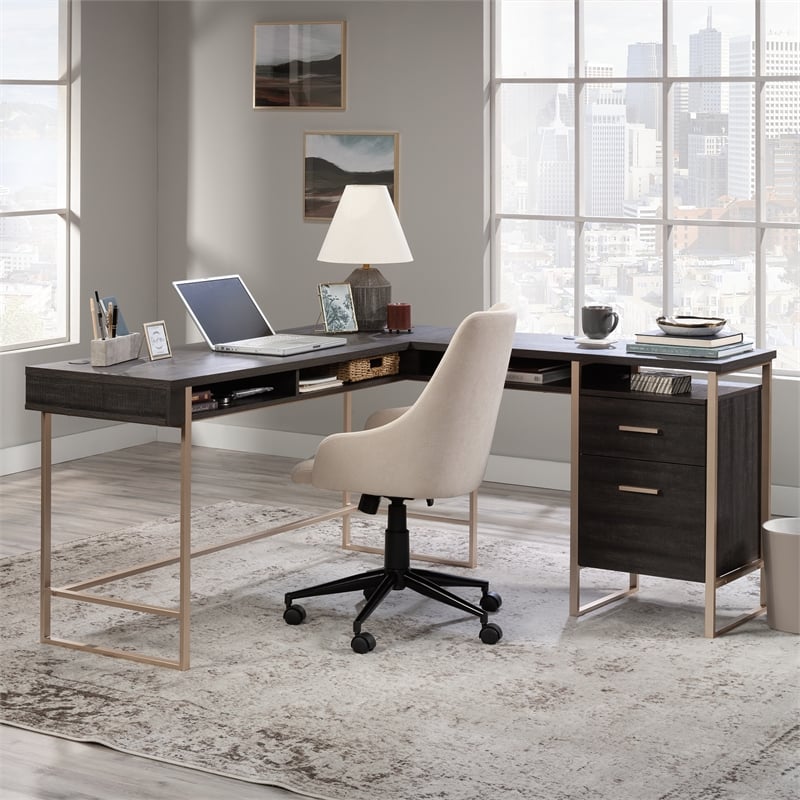 Pemberly Row Contemporary Engineered Wood L-Desk in Blade Walnut