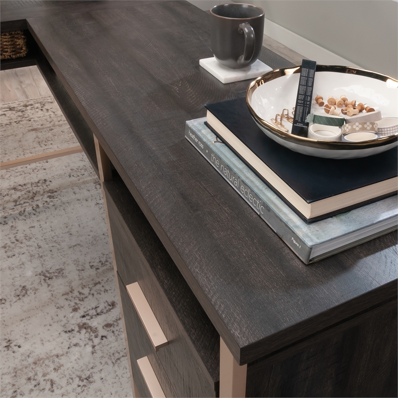 Pemberly Row Contemporary Engineered Wood L-Desk in Blade Walnut