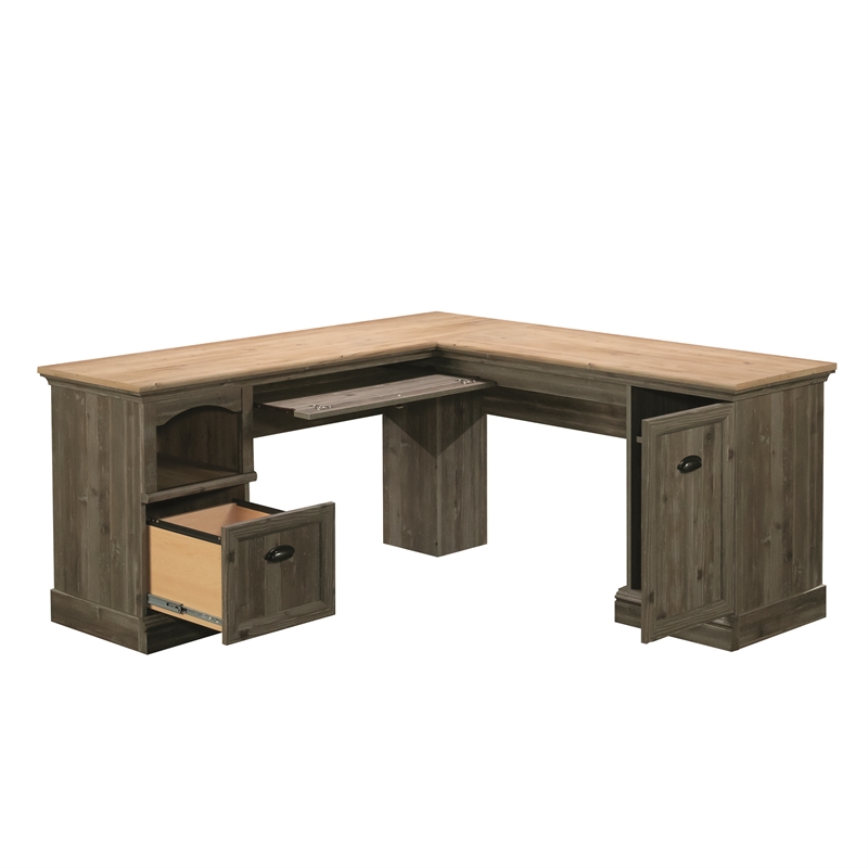 Pemberly Row Contemporary Engineered Wood L-Shaped Desk in Pebble Pine
