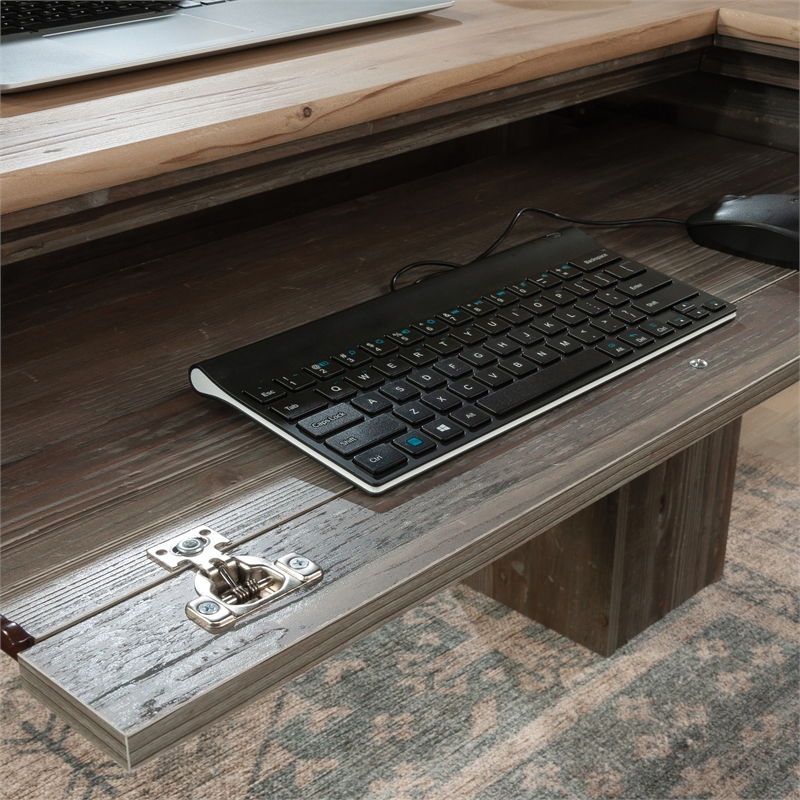 Pemberly Row Contemporary Engineered Wood L-Shaped Desk in Pebble Pine