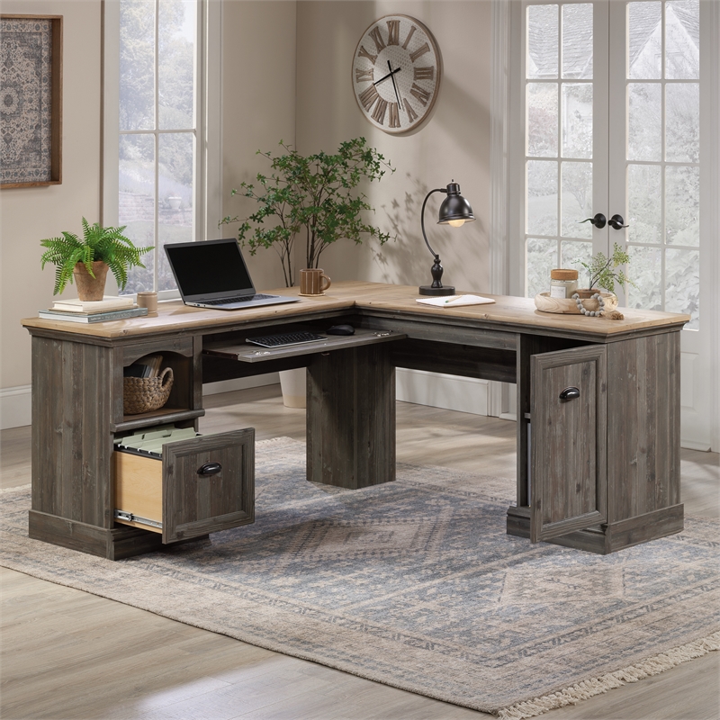 Pemberly Row Contemporary Engineered Wood L-Shaped Desk in Pebble Pine