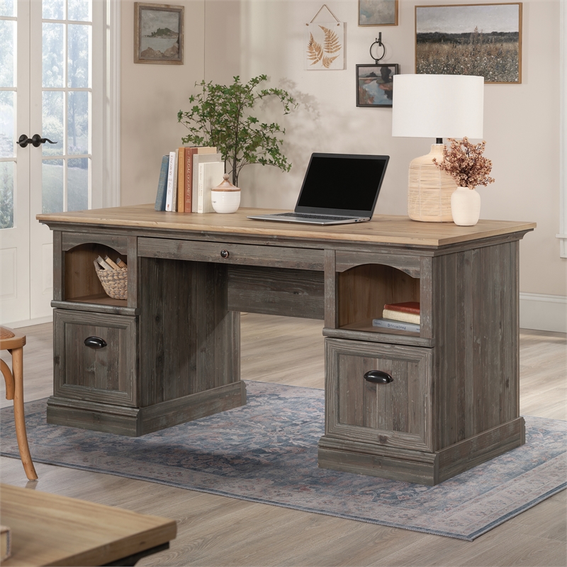 Pemberly Row Contemporary Engineered Wood Executive Desk in Pebble Pine