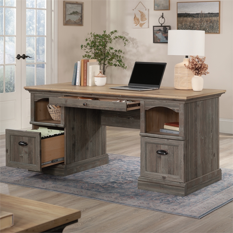 Pemberly Row Contemporary Engineered Wood Executive Desk in Pebble Pine