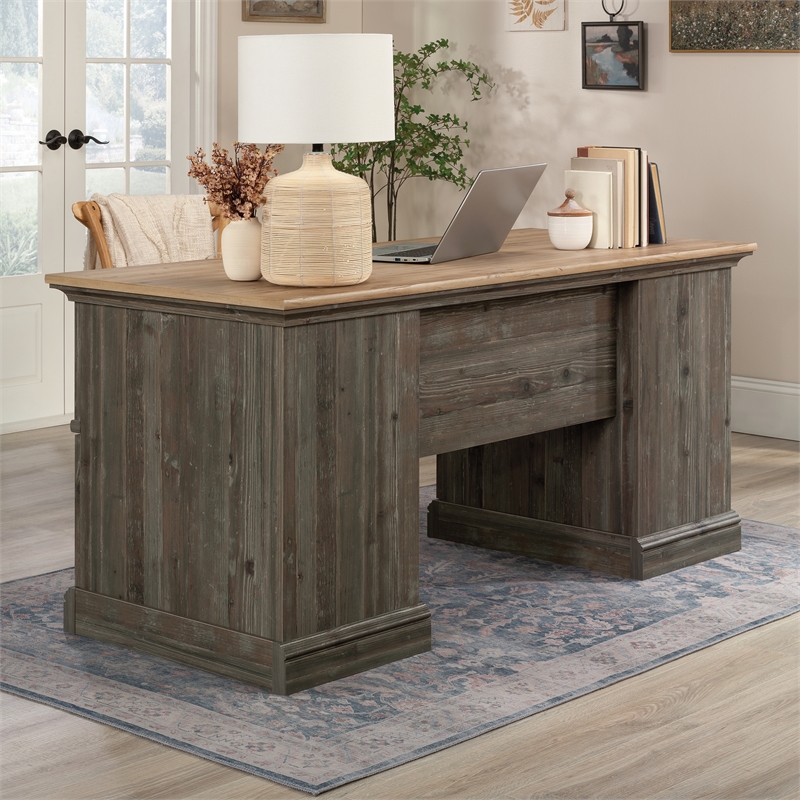 Pemberly Row Contemporary Engineered Wood Executive Desk in Pebble Pine