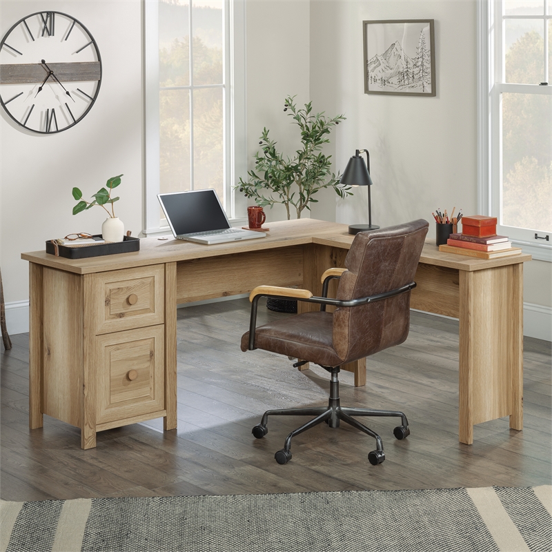 Pemberly Row Contemporary 1-Drawer Engineered Wood L-Desk in Timber Oak