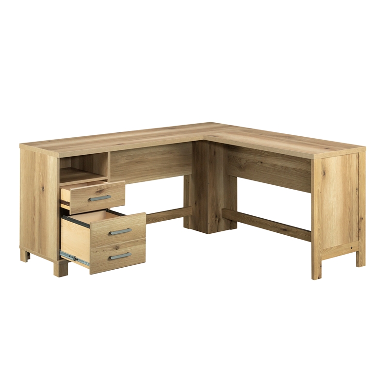 Pemberly Row Farmhouse Engineered Wood L-Desk in Timber Oak Finish
