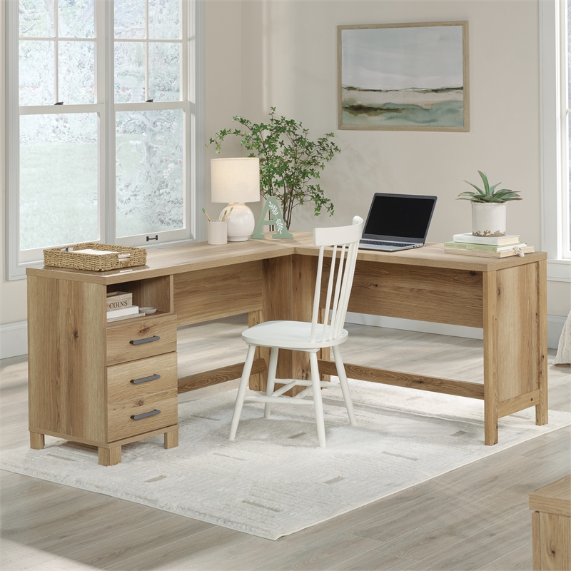 Pemberly Row Farmhouse Engineered Wood L-Desk in Timber Oak Finish