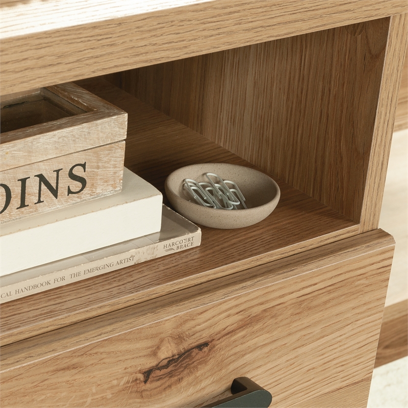 Pemberly Row Farmhouse Engineered Wood L-Desk in Timber Oak Finish