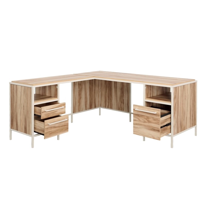 Pemberly Row Engineered Wood L-Desk in Kiln Acacia / Brown Finish
