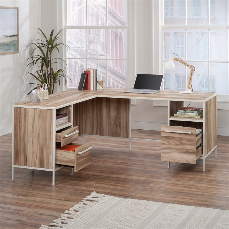Pemberly Row Engineered Wood L-Desk in Kiln Acacia / Brown Finish