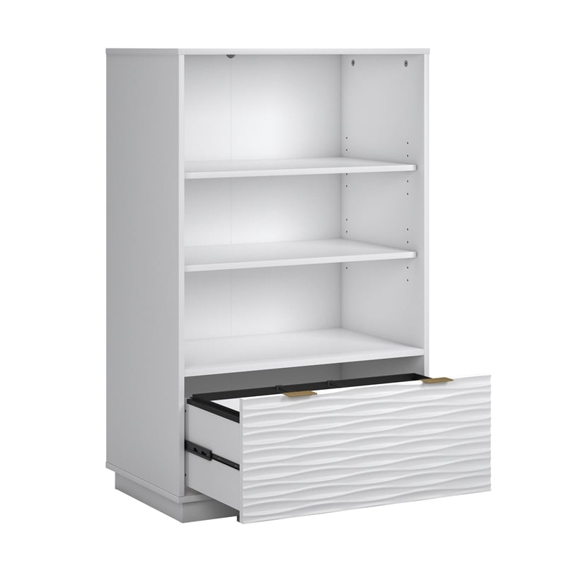 Pemberly Row Contemporary Engineered Wood Bookcase with Drawer in White
