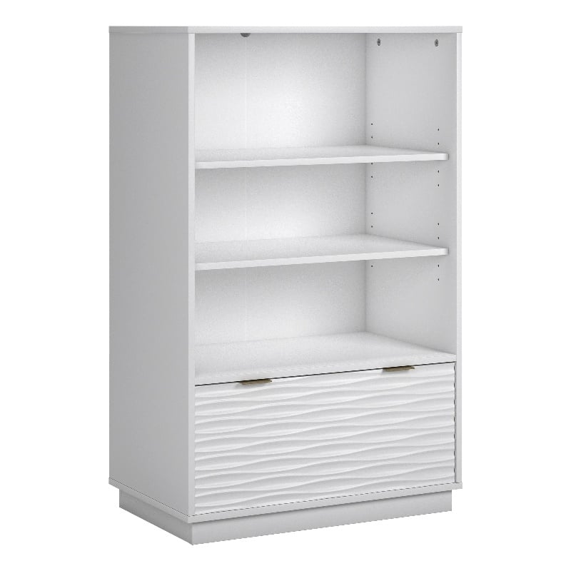 Pemberly Row Contemporary Engineered Wood Bookcase with Drawer in White