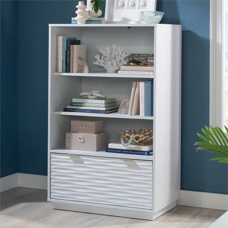 Pemberly Row Contemporary Engineered Wood Bookcase with Drawer in White