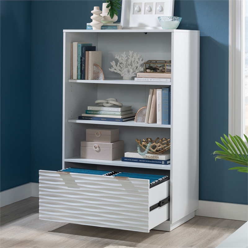 Pemberly Row Contemporary Engineered Wood Bookcase with Drawer in White