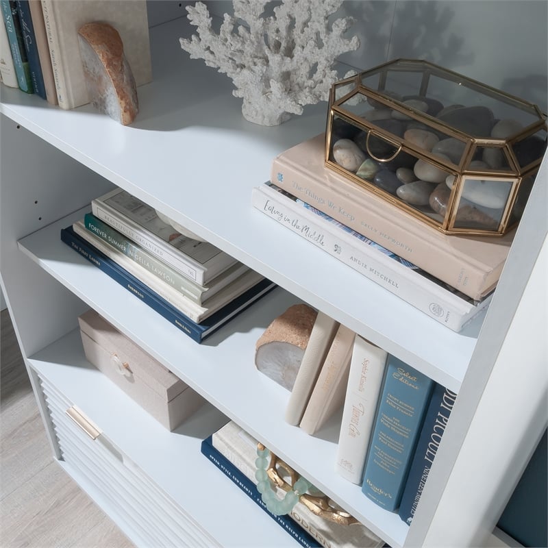 Pemberly Row Contemporary Engineered Wood Bookcase with Drawer in White