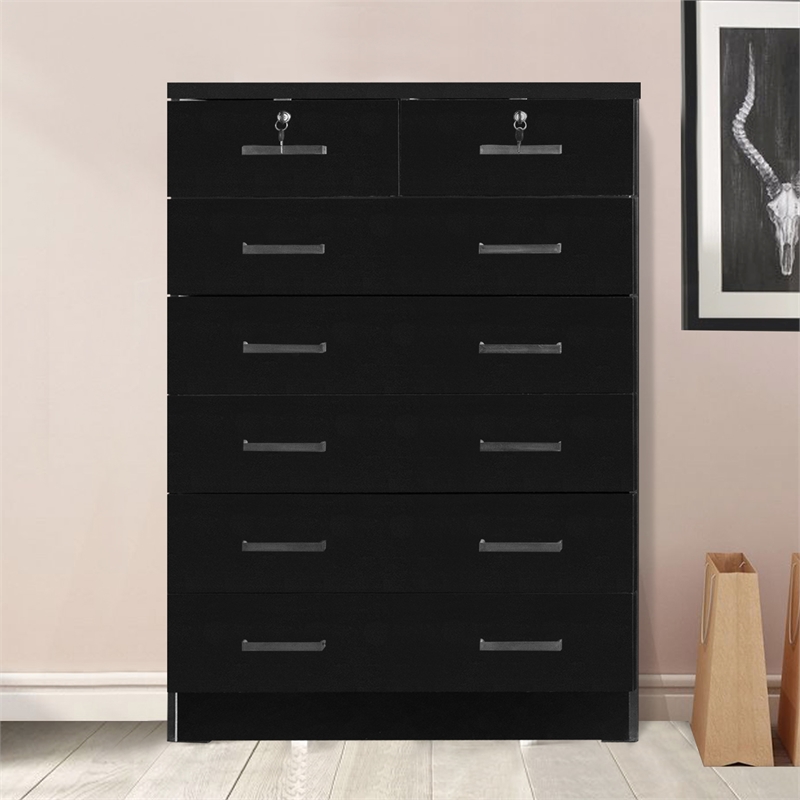 Pemberly Row 7 Drawer Chest Wooden Dresser with Lock in Black