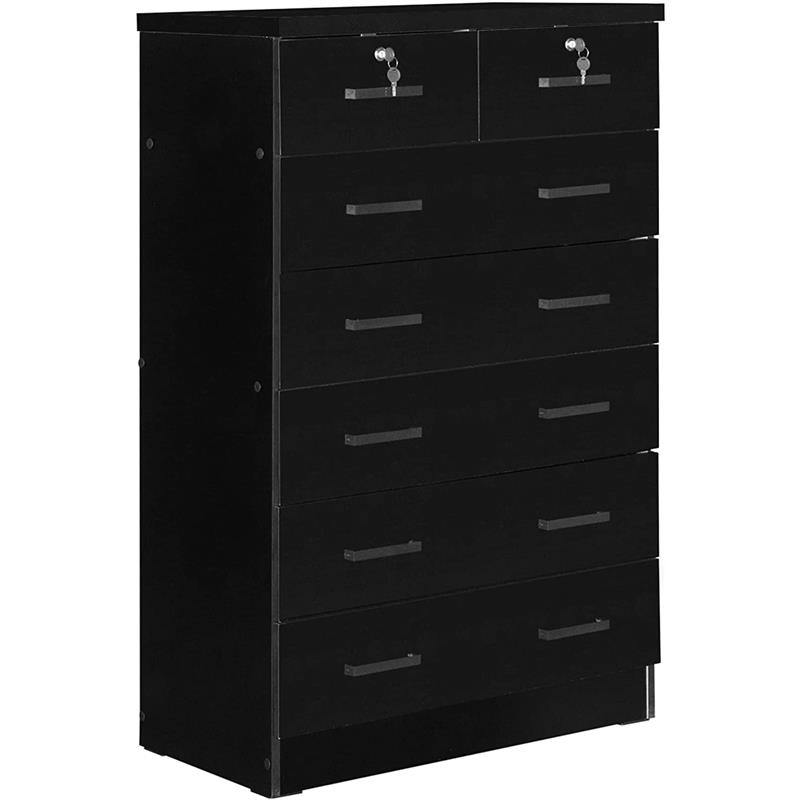 Pemberly Row 7 Drawer Chest Wooden Dresser with Lock in Black