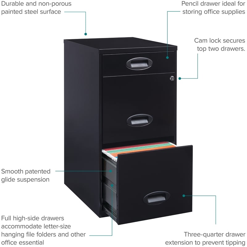Pemberly Row 3 Drawer Metal Filing Cabinet with Pencil Drawer Black