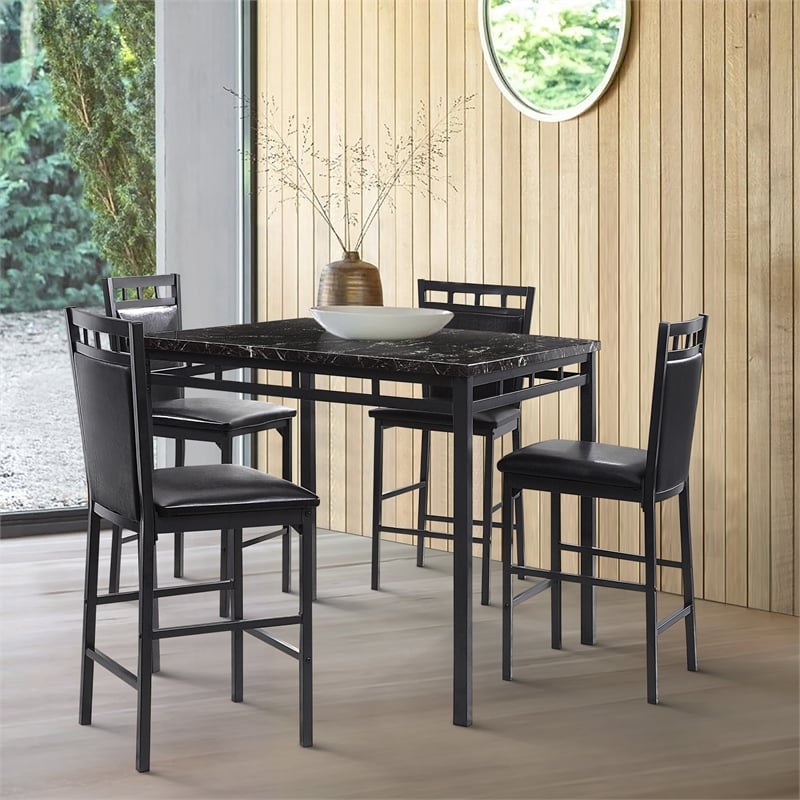 Pemberly Row 5 Piece Faux Marble Top Counter Height Dining Set in Black