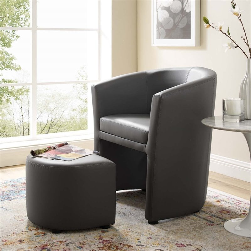 Pemberly Row Modern Faux Leather Armchair and Ottoman in Gray
