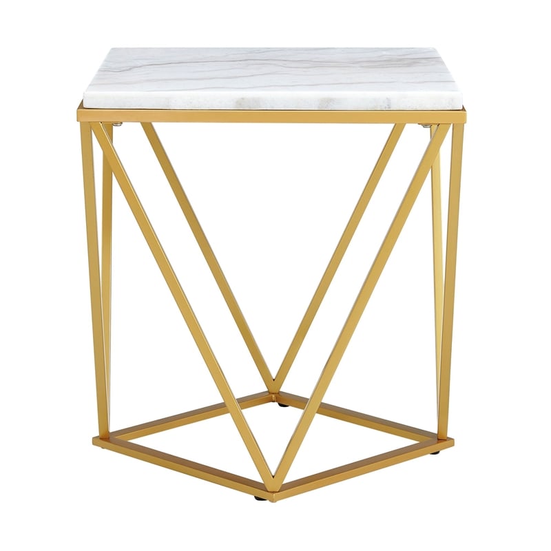 Pemberly Row Square End Table with White Marble Top and Gold Metal