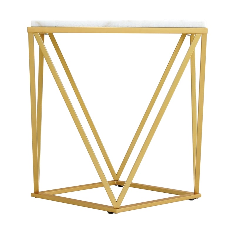 Pemberly Row Square End Table with White Marble Top and Gold Metal