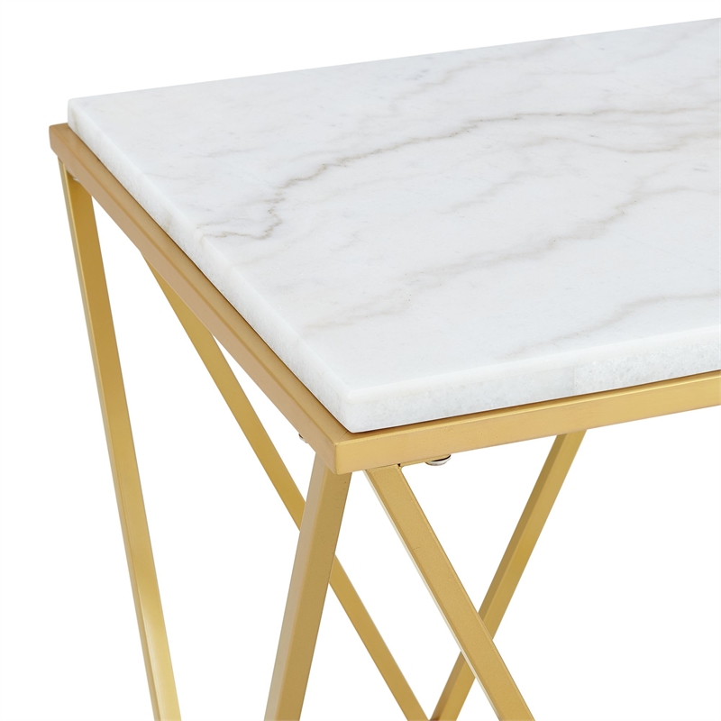 Pemberly Row Square End Table with White Marble Top and Gold Metal