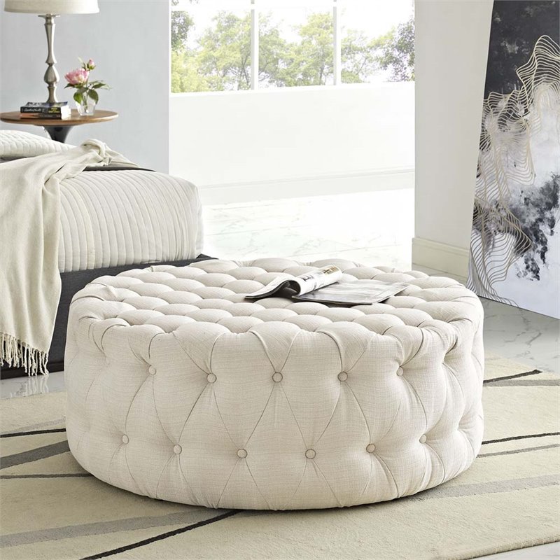 Pemberly Row Modern Upholstered Fabric and Solid Wood Ottoman in Beige