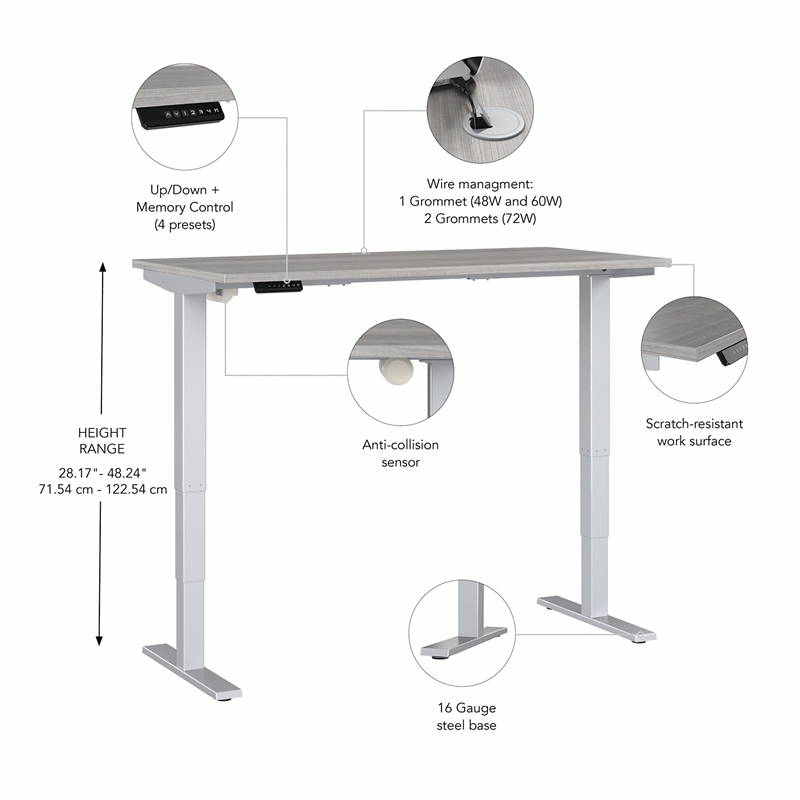 Pemberly Row 60W x 30D Adjustable Desk in Platinum Gray - Engineered Wood