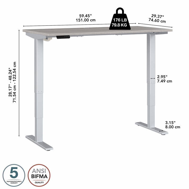 Pemberly Row 60W x 30D Adjustable Desk in Platinum Gray - Engineered Wood