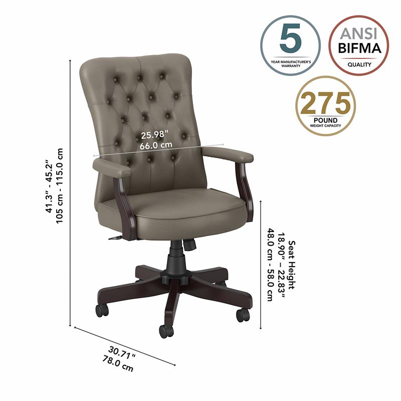 Pemberly Row High Back Tufted Office Chair w/ Arms in Washed Gray Bonded Leather