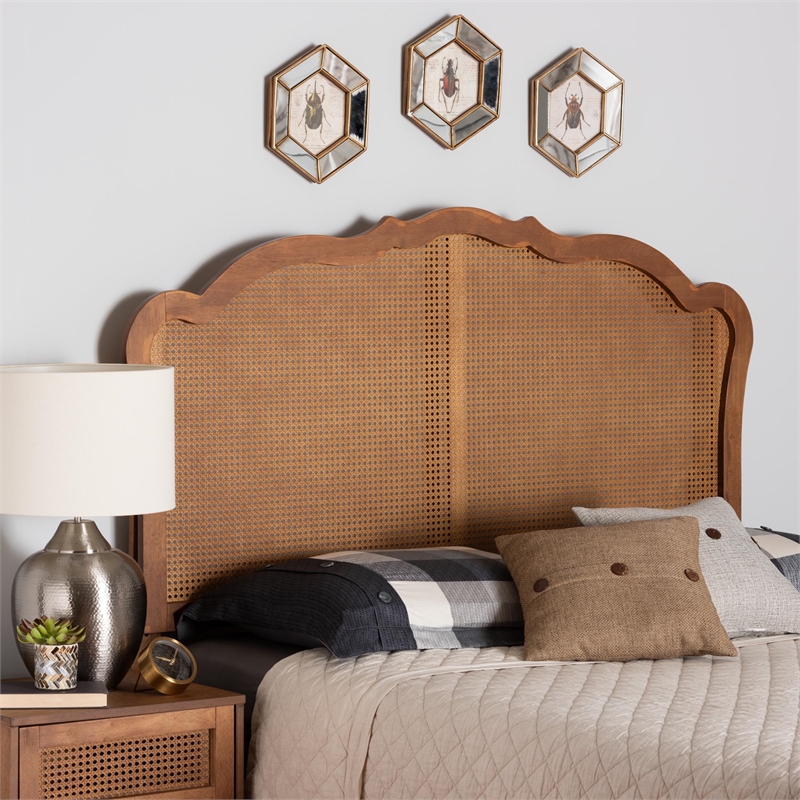 Pemberly Row Wood & Rattan Queen Size Headboard in Ash Walnut