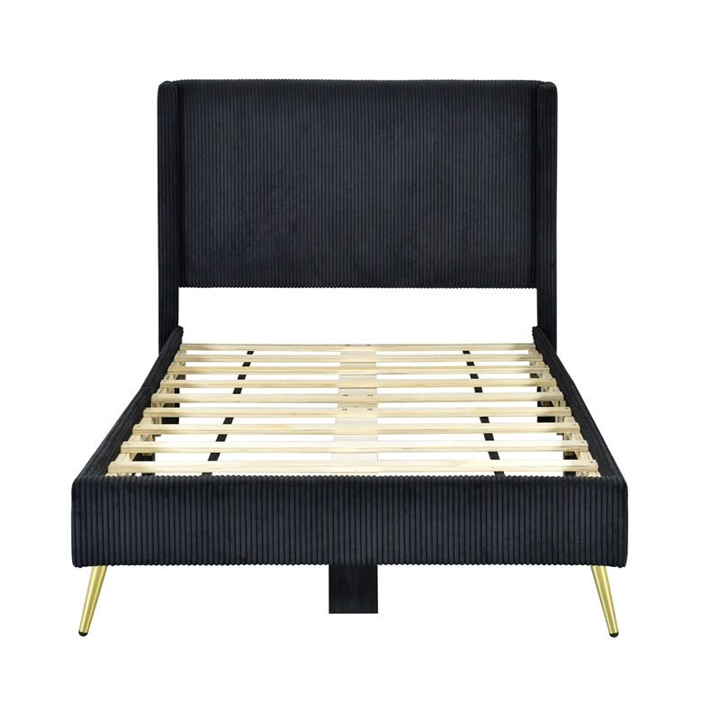 Pemberly Row Solid Wood & Velvet Twin Size Platform Bed in Black