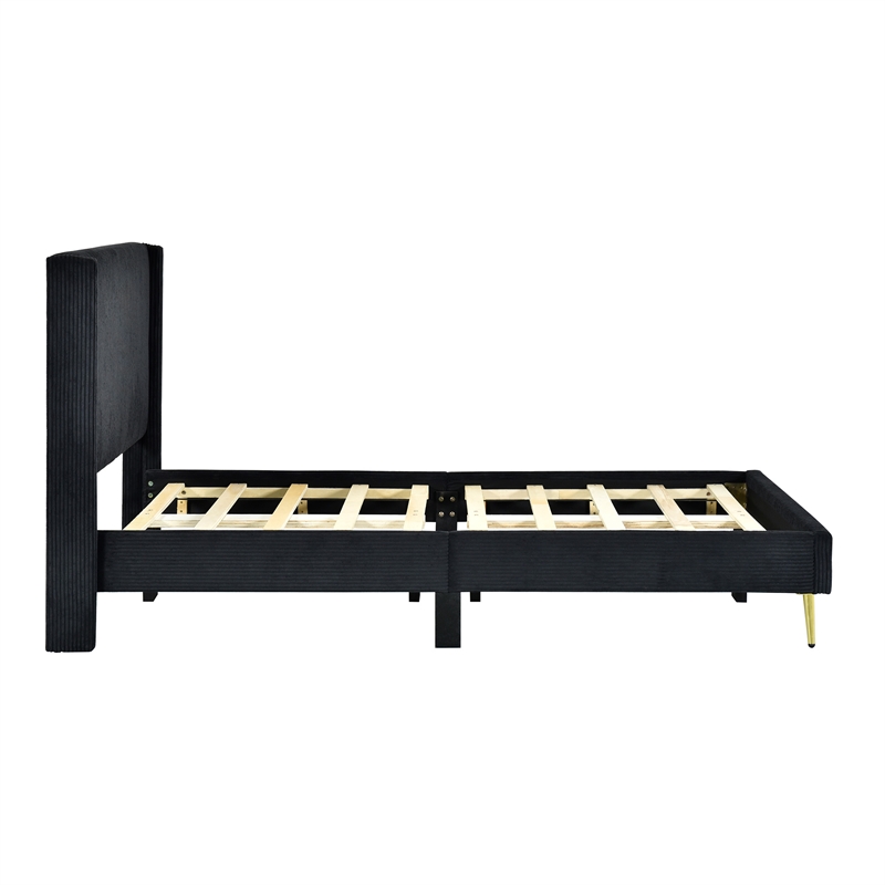 Pemberly Row Solid Wood & Velvet Twin Size Platform Bed in Black