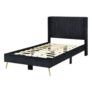 Pemberly Row Solid Wood & Velvet Twin Size Platform Bed in Black