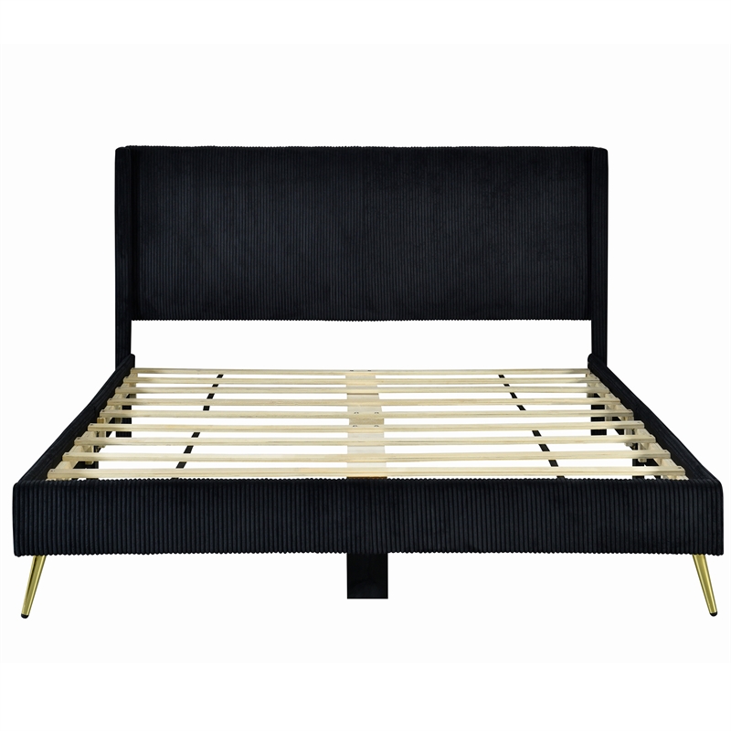 Pemberly Row Solid Wood & Velvet Full Size Platform Bed in Black