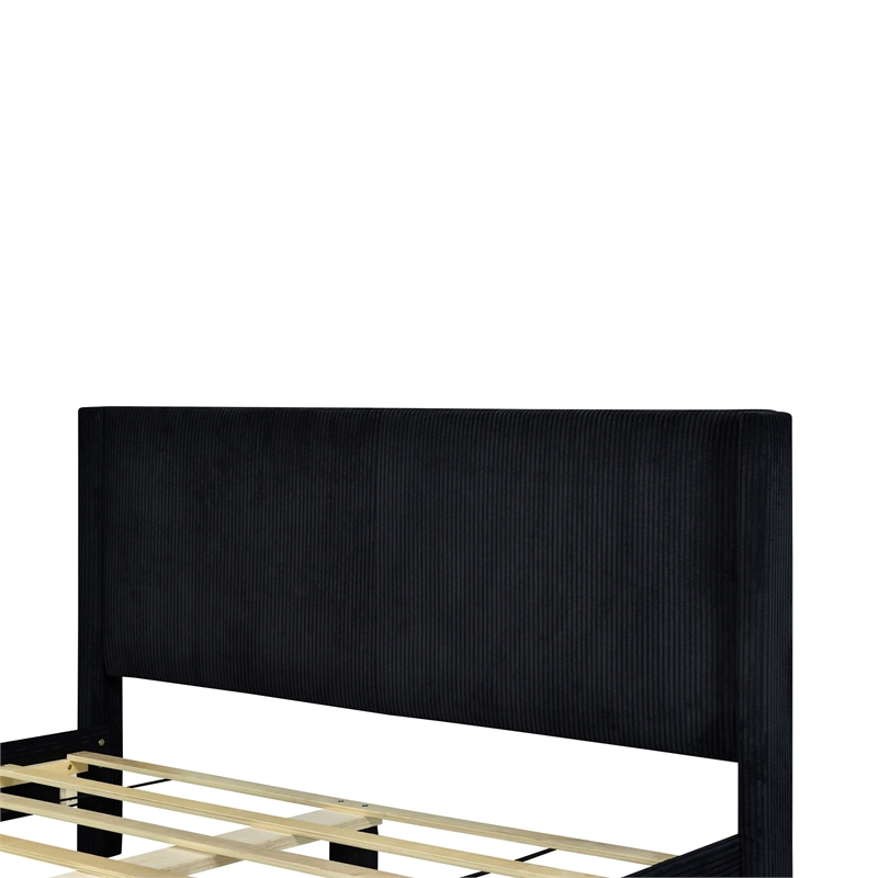 Pemberly Row Solid Wood & Velvet Full Size Platform Bed in Black