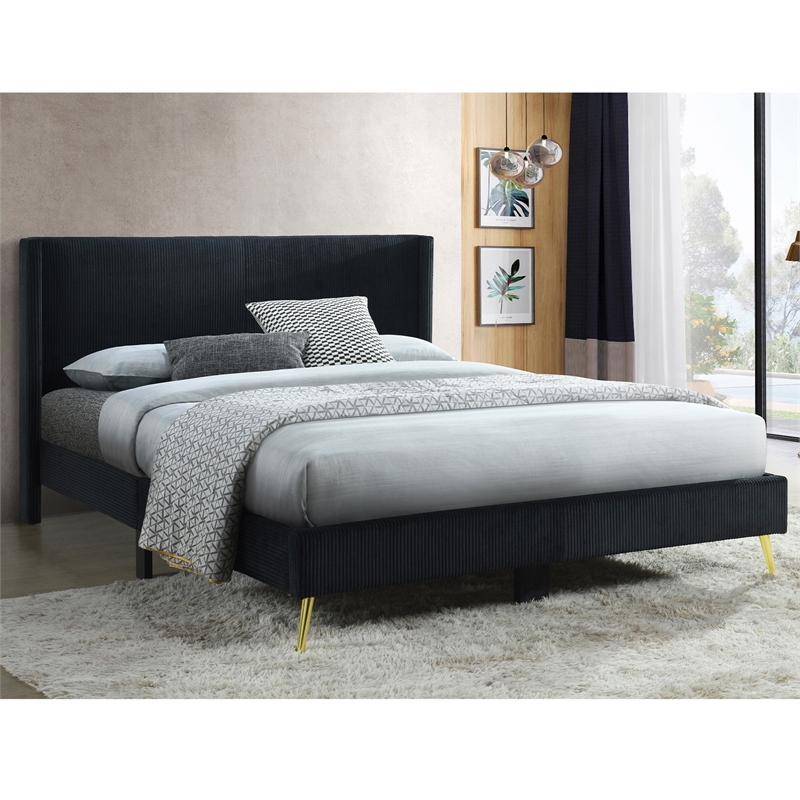 Pemberly Row Solid Wood & Velvet Full Size Platform Bed in Black