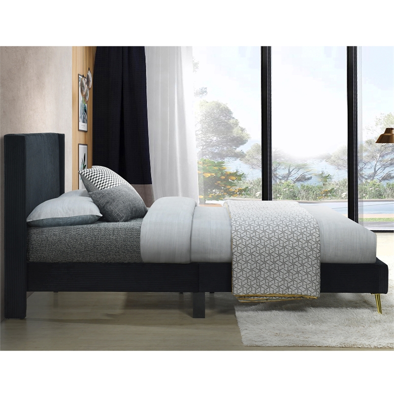 Pemberly Row Solid Wood & Velvet Full Size Platform Bed in Black