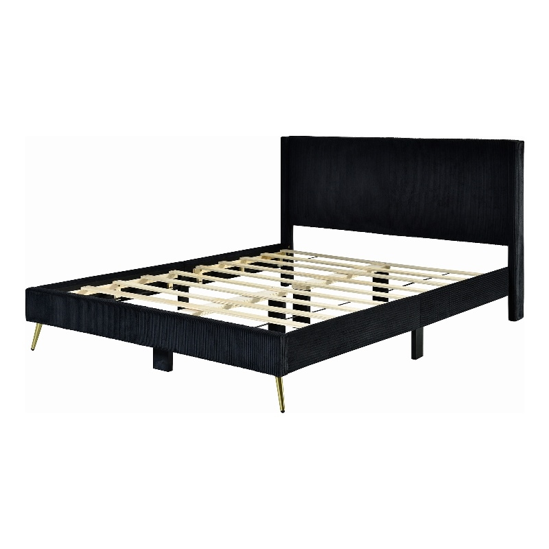 Pemberly Row Solid Wood & Velvet Full Size Platform Bed in Black