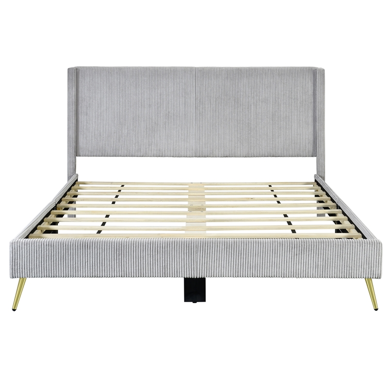 Pemberly Row Solid Wood & Velvet Full Size Platform Bed in Gray