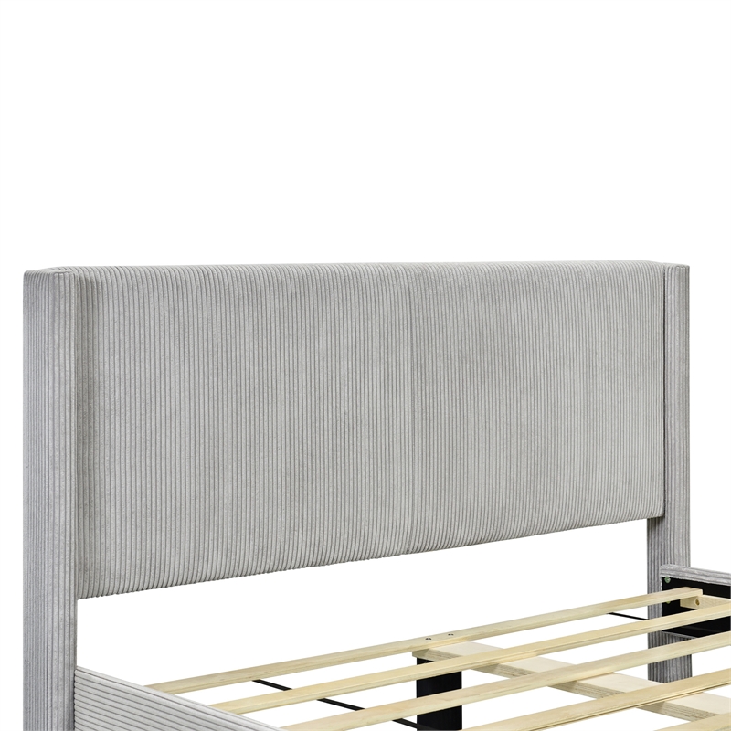 Pemberly Row Solid Wood & Velvet Full Size Platform Bed in Gray