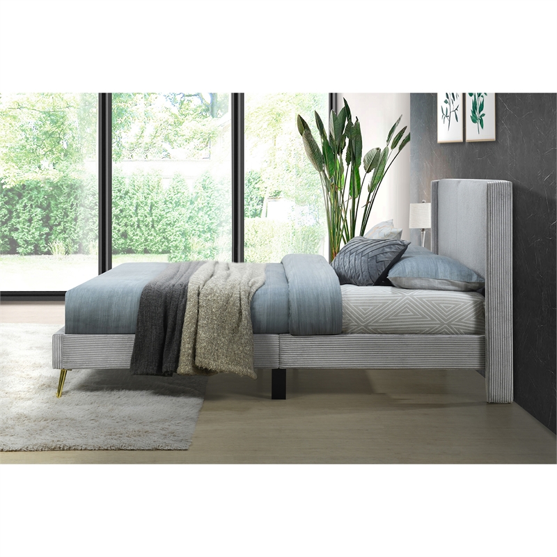 Pemberly Row Solid Wood & Velvet Full Size Platform Bed in Gray