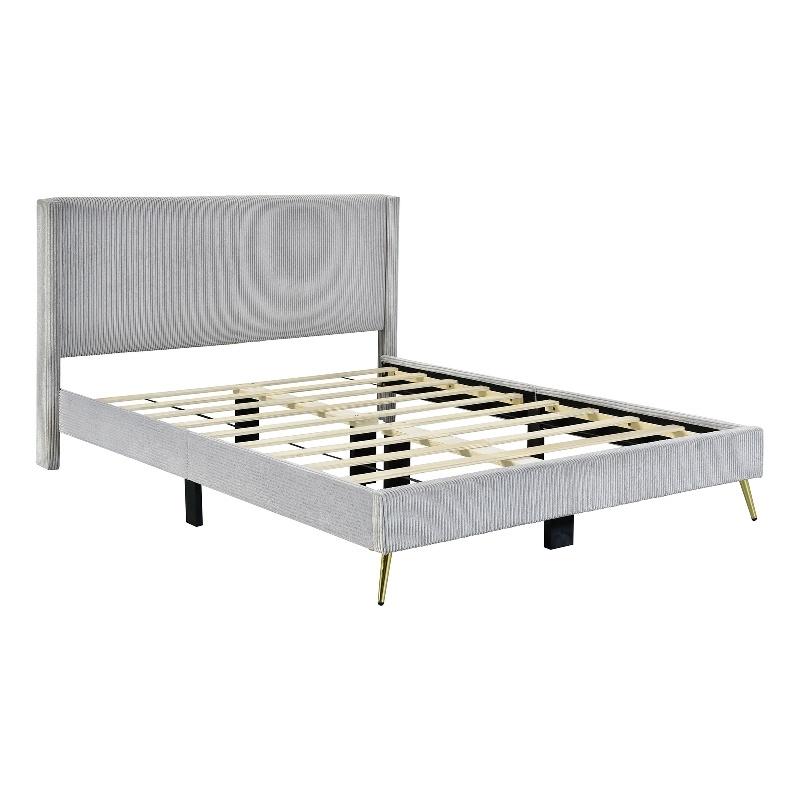 Pemberly Row Solid Wood & Velvet Full Size Platform Bed in Gray