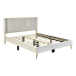 Pemberly Row Solid Wood & Velvet Platform Queen Bed in Cream