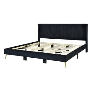 Pemberly Row Solid Wood & Velvet Platform King Size Bed in Black