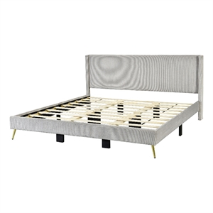 Pemberly Row Solid Wood & Velvet Platform King Size Bed in Gray