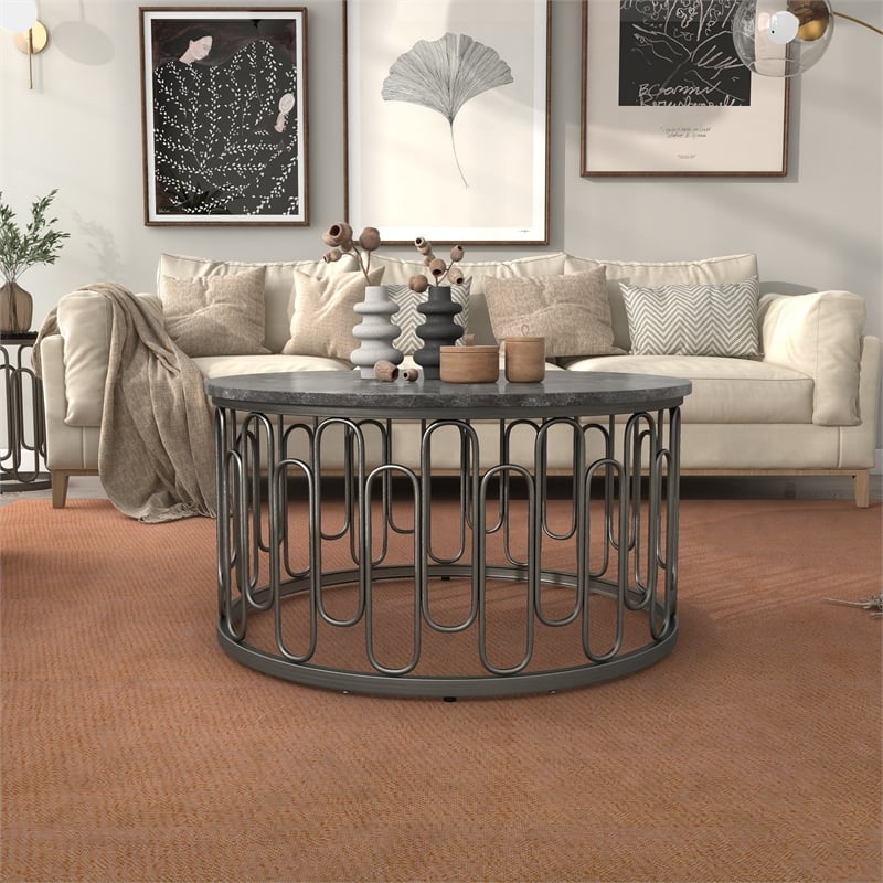 Pemberly Row Contemporary Round Modern Metal Coffee Table in Black