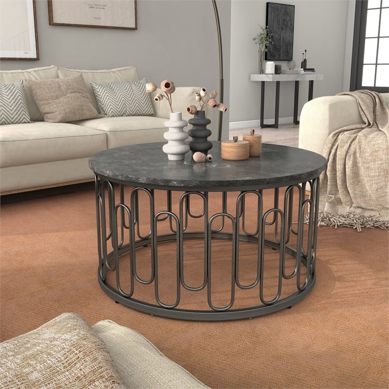 Pemberly Row Contemporary Round Modern Metal Coffee Table in Black