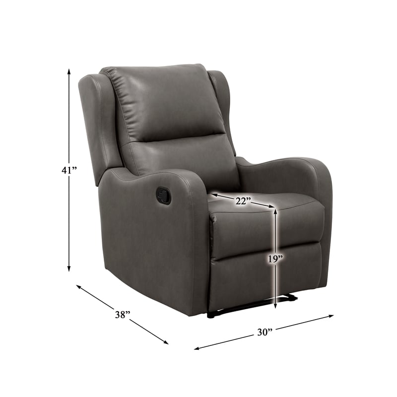 Pemberly Row Contemporary Faux Leather Manual Recliner Chair in Gray